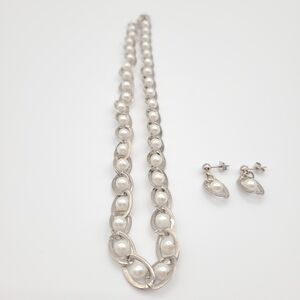Vintage Faux Pearl Necklace & Matching Earrings Set Silver Tone Statement